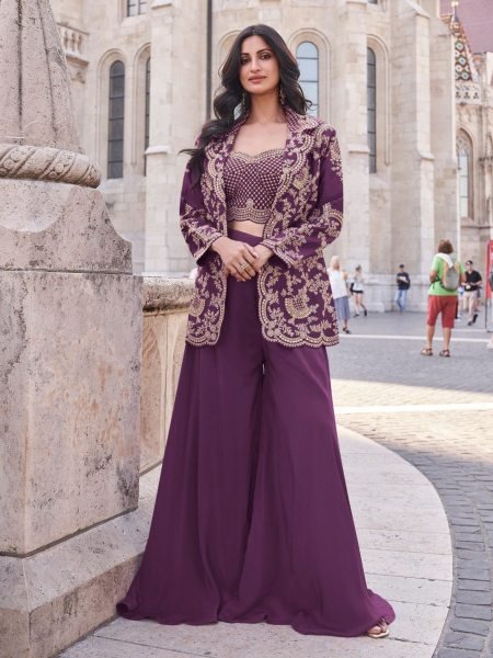 Premium Purple Chinon Silk Jacket Palazzo Set with Embroidery Dori Sequence Work 