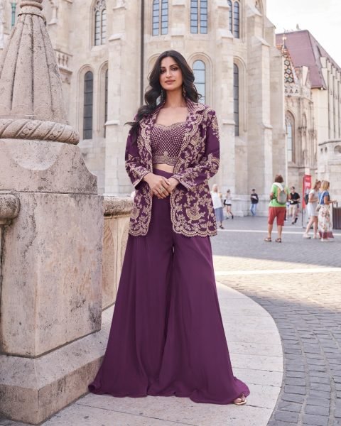 Premium Purple Chinon Silk Jacket Palazzo Set with Embroidery Dori Sequence Work Designer Plazzo Salwar Suits Wholesale
