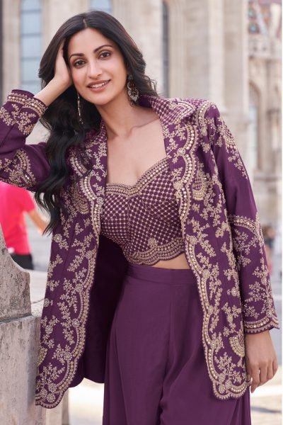 Premium Purple Chinon Silk Jacket Palazzo Set with Embroidery Dori Sequence Work Designer Plazzo Salwar Suits Wholesale
