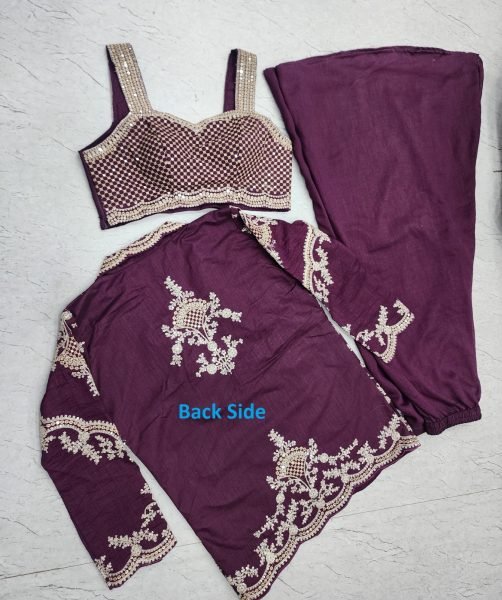 Premium Purple Chinon Silk Jacket Palazzo Set with Embroidery Dori Sequence Work Designer Plazzo Salwar Suits Wholesale