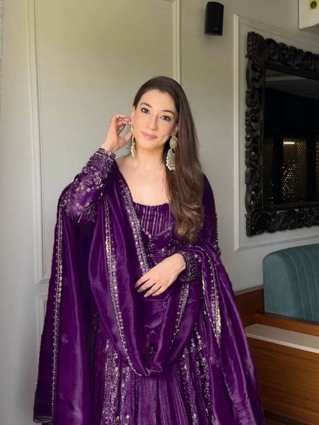 Premium Purple Crunchi Silk Gown and Lehenga Set with Embroidery Lace Dupatta Perfect for Party Wear   Lehenga