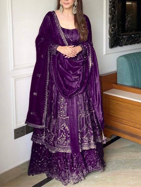 Premium Purple Crunchi Silk Gown and Lehenga Set with Embroidery Lace Dupatta Perfect for Party Wear  Designer Lehenga Choli