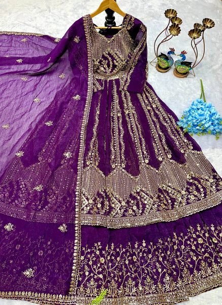 Premium Purple Crunchi Silk Gown and Lehenga Set with Embroidery Lace Dupatta Perfect for Party Wear  Designer Lehenga Choli