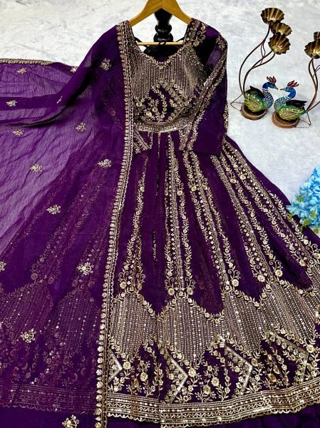 Premium Purple Crunchi Silk Gown and Lehenga Set with Embroidery Lace Dupatta Perfect for Party Wear  Designer Lehenga Choli