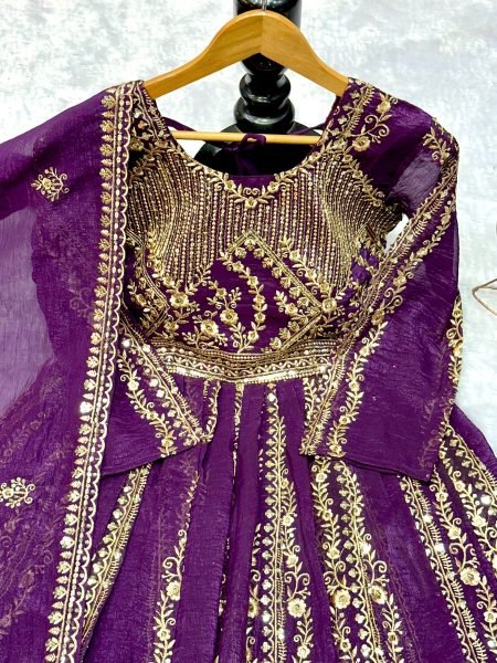 Premium Purple Crunchi Silk Gown and Lehenga Set with Embroidery Lace Dupatta Perfect for Party Wear  Designer Lehenga Choli