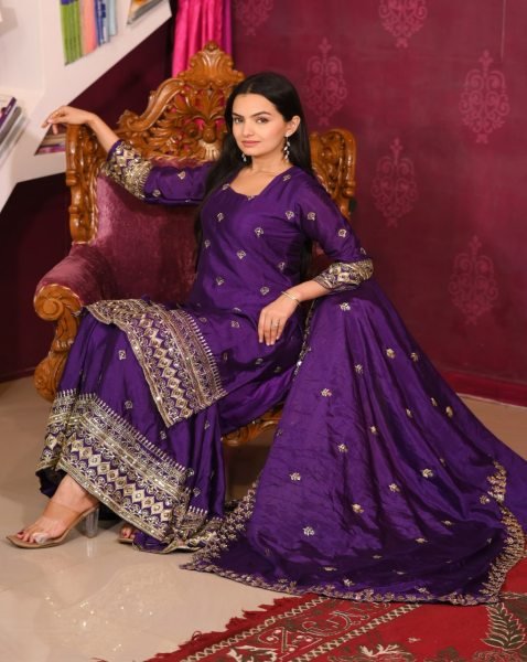 Premium Purple Embroidered Chinon Silk Ethnic Sharara Set with Full Flair, Sequence Work, and Matching Dupatta For Women  Ready To Wear Collection