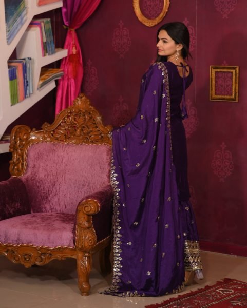 Premium Purple Embroidered Chinon Silk Ethnic Sharara Set with Full Flair, Sequence Work, and Matching Dupatta For Women  Ready To Wear Collection