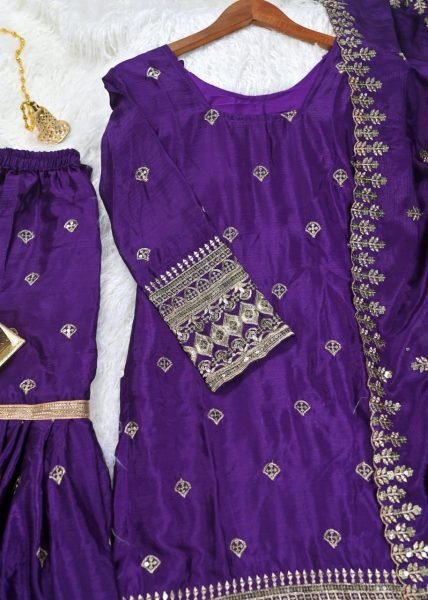 Premium Purple Embroidered Chinon Silk Ethnic Sharara Set with Full Flair, Sequence Work, and Matching Dupatta For Women  Ready To Wear Collection
