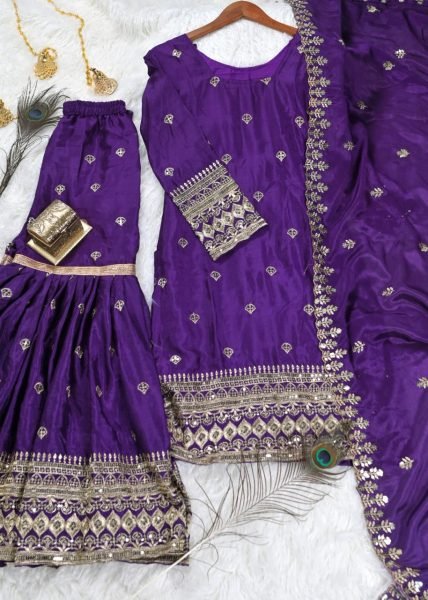 Premium Purple Embroidered Chinon Silk Ethnic Sharara Set with Full Flair, Sequence Work, and Matching Dupatta For Women  Ready To Wear Collection