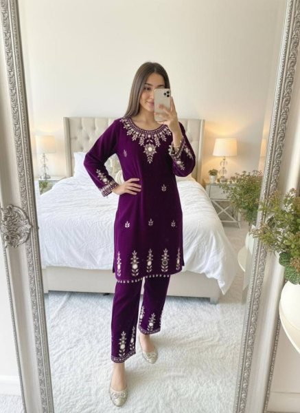 Premium Purple Fully Stitch Velvet Co-Ord Set for Evening Occasions CO ORD Sets