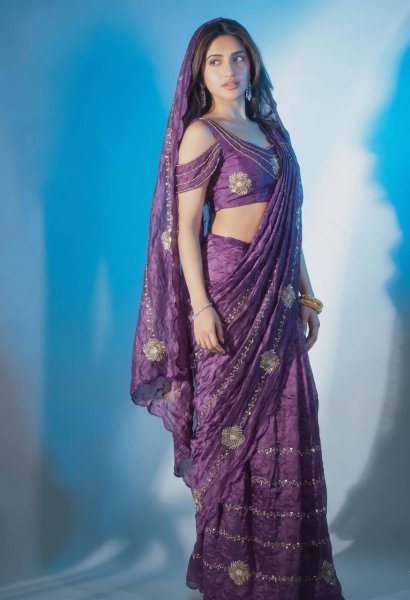 Premium Purple Gold Crush Saree with Beads Sequins Work and Cutwork Border Designer Wedding Sarees Wholesale