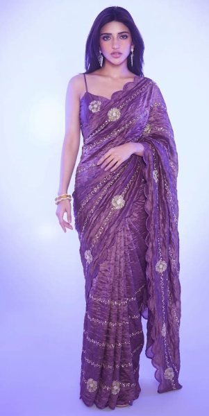 Premium Purple Gold Crush Saree with Beads Sequins Work and Cutwork Border Designer Wedding Sarees Wholesale
