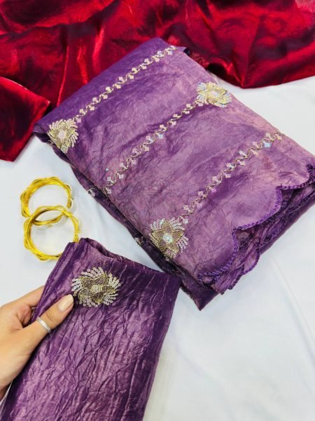 Premium Purple Gold Crush Saree with Beads Sequins Work and Cutwork Border Designer Wedding Sarees Wholesale