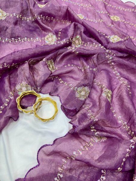 Premium Purple Gold Crush Saree with Beads Sequins Work and Cutwork Border Designer Wedding Sarees Wholesale