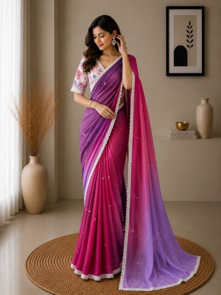 Premium Purple Shard Soft Peding Linen Printed Saree with Mirror Work and Running Blouse Sarees 