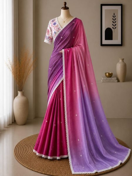 Premium Purple Shard Soft Peding Linen Printed Saree with Mirror Work and Running Blouse Embroidery Sarees Wholesale