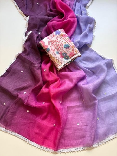 Premium Purple Shard Soft Peding Linen Printed Saree with Mirror Work and Running Blouse Embroidery Sarees Wholesale