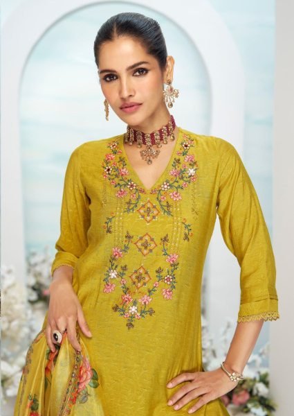 Premium Ready Kurti 3-Piece Set Jacquard Viscose Silk with Detailed Embroidery & Organza Dupatta, Best Wholesale Offer 3 Piece Kurti Set