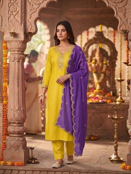 Premium Ready-to-Wear Slub Cotton Kurti Pant Set with Embroidery Work and Chinnon Dupatta Kurtis
