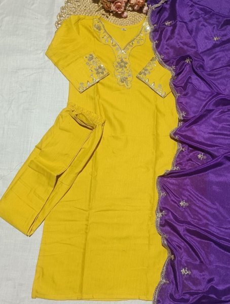 Premium Ready-to-Wear Slub Cotton Kurti Pant Set with Embroidery Work and Chinnon Dupatta Embroidery Kurtis 