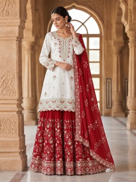 Premium Red Designer Pure Chinon Silk Top Sharara with Embroidered Dupatta For Wedding Ready To Wear Suit