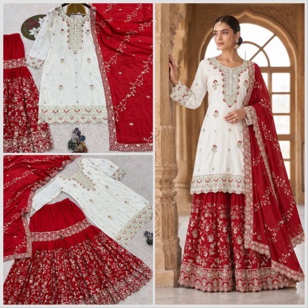 Premium Red Designer Pure Chinon Silk Top Sharara with Embroidered Dupatta For Wedding Ready To Wear Collection