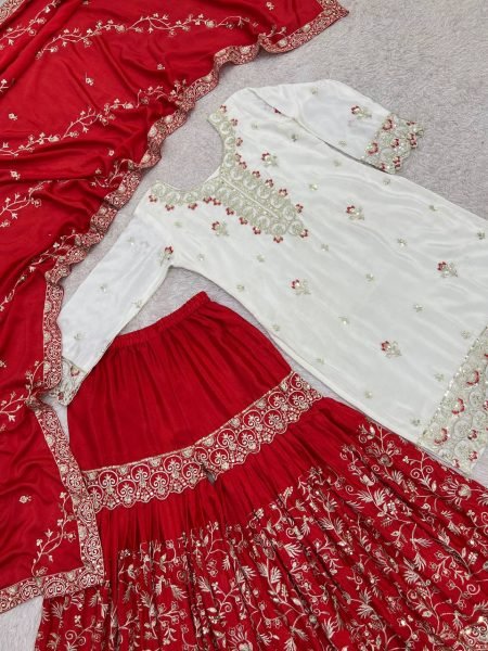 Premium Red Designer Pure Chinon Silk Top Sharara with Embroidered Dupatta For Wedding Ready To Wear Collection