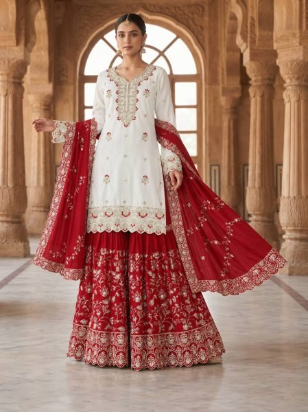 Premium Red Designer Pure Chinon Silk Top Sharara with Embroidered Dupatta For Wedding Ready To Wear Collection