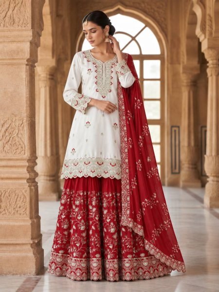 Premium Red Designer Pure Chinon Silk Top Sharara with Embroidered Dupatta For Wedding Ready To Wear Collection