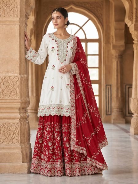 Premium Red Designer Pure Chinon Silk Top Sharara with Embroidered Dupatta For Wedding Ready To Wear Collection