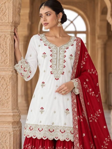 Premium Red Designer Pure Chinon Silk Top Sharara with Embroidered Dupatta For Wedding Ready To Wear Collection