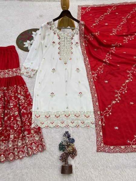 Premium Red Designer Pure Chinon Silk Top Sharara with Embroidered Dupatta For Wedding Ready To Wear Collection