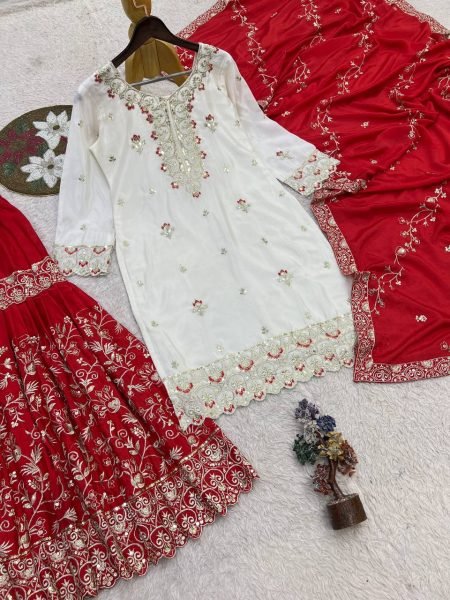 Premium Red Designer Pure Chinon Silk Top Sharara with Embroidered Dupatta For Wedding Ready To Wear Collection