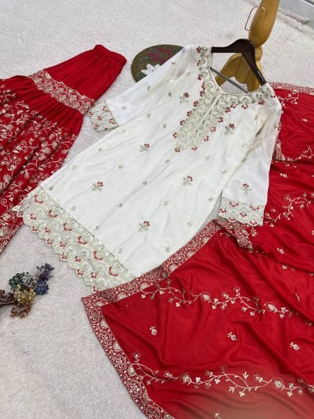 Premium Red Designer Pure Chinon Silk Top Sharara with Embroidered Dupatta For Wedding Ready To Wear Collection