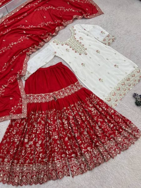 Premium Red Designer Pure Chinon Silk Top Sharara with Embroidered Dupatta For Wedding Ready To Wear Collection