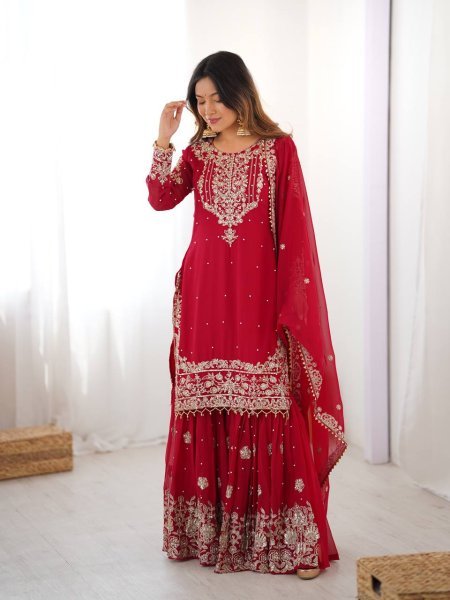 Premium Red Faux Georgette Sharara Set with Dupatta Wholesale Collection Ready To Wear Collection