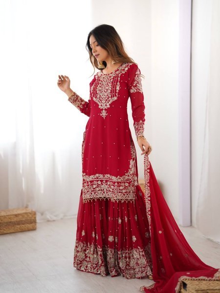 Premium Red Faux Georgette Sharara Set with Dupatta Wholesale Collection Ready To Wear Collection