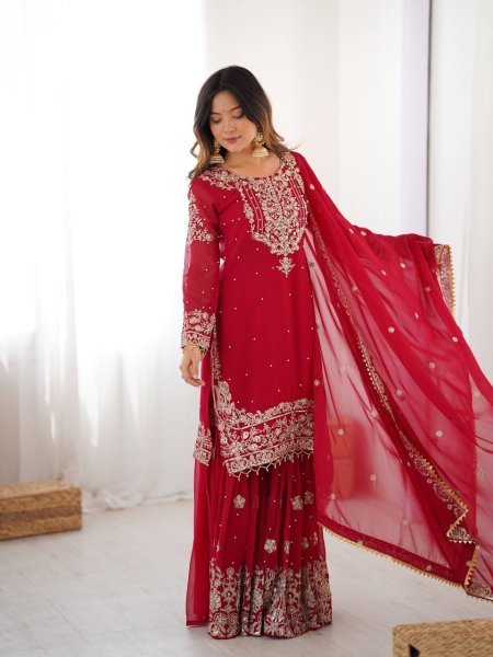 Premium Red Faux Georgette Sharara Set with Dupatta Wholesale Collection Ready To Wear Collection