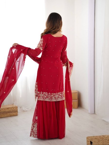 Premium Red Faux Georgette Sharara Set with Dupatta Wholesale Collection Ready To Wear Collection