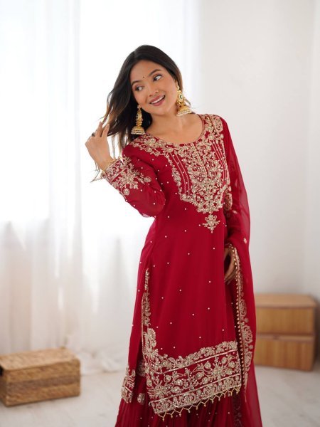 Premium Red Faux Georgette Sharara Set with Dupatta Wholesale Collection Ready To Wear Collection