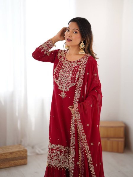Premium Red Faux Georgette Sharara Set with Dupatta Wholesale Collection Ready To Wear Collection