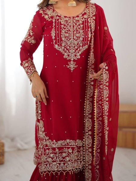 Premium Red Faux Georgette Sharara Set with Dupatta Wholesale Collection Ready To Wear Collection