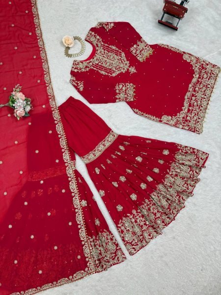 Premium Red Faux Georgette Sharara Set with Dupatta Wholesale Collection Ready To Wear Collection