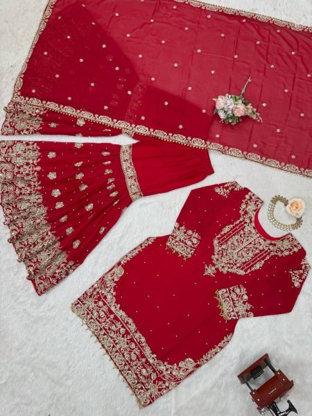 Premium Red Faux Georgette Sharara Set with Dupatta Wholesale Collection Ready To Wear Collection