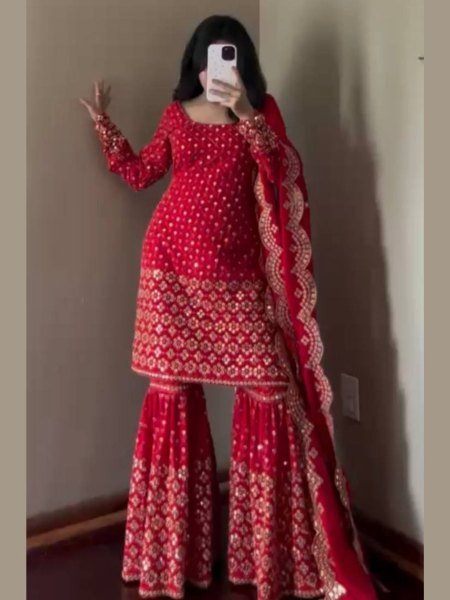 Premium Red Georgette Sharara Suit with Embroidery and Dupatta Available for Bulk Orders 