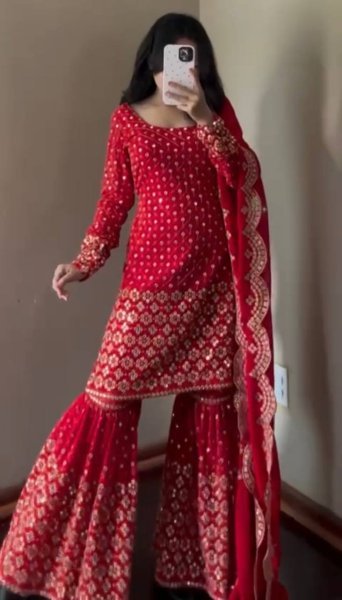 Premium Red Georgette Sharara Suit with Embroidery and Dupatta Available for Bulk Orders Ready To Wear Collection