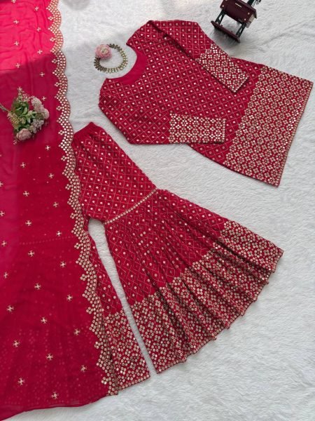 Premium Red Georgette Sharara Suit with Embroidery and Dupatta Available for Bulk Orders Ready To Wear Collection