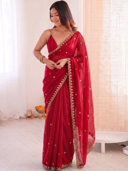 Premium Red Party Wear Space Silk Saree with Gold Zari Star Embroidery Silk Sarees Wholesale