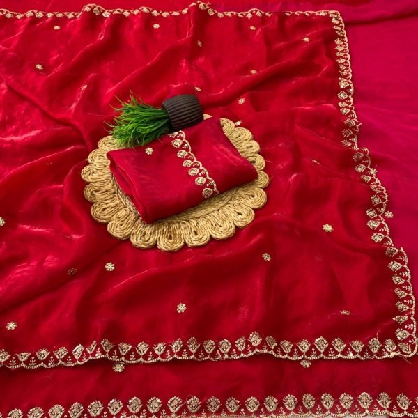 Premium Red Party Wear Space Silk Saree with Gold Zari Star Embroidery Silk Sarees Wholesale