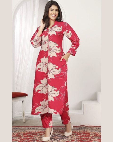 Premium Red Rayon and Chanderi Co Ord Set with Pocket Top for Daily Wear CO ORD Sets